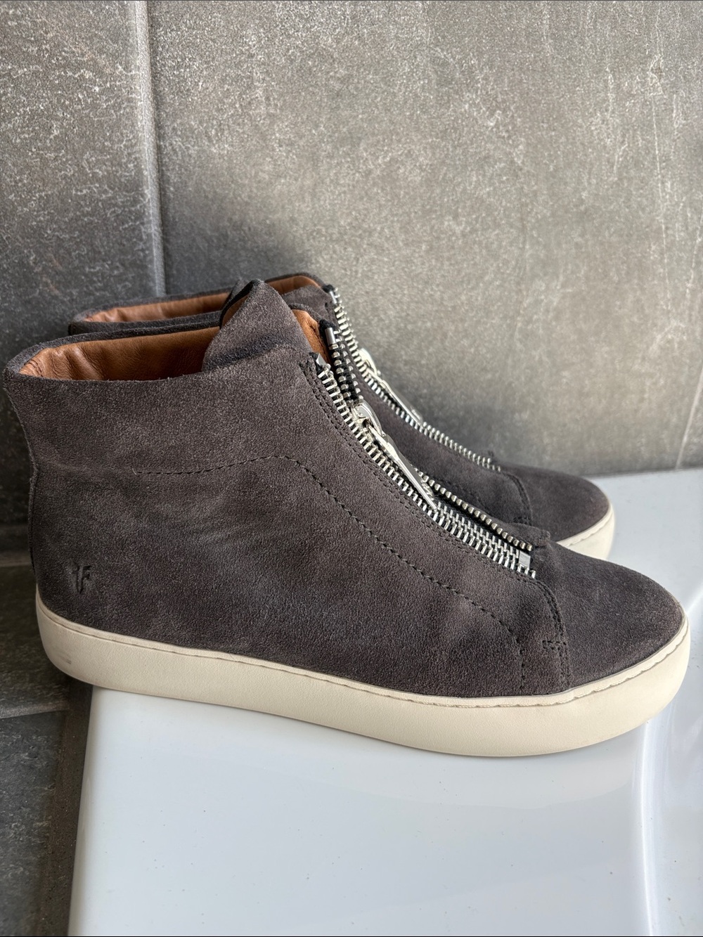 Frye Women's Dark Gray Suede High-Top Sneakers with Front Zipper